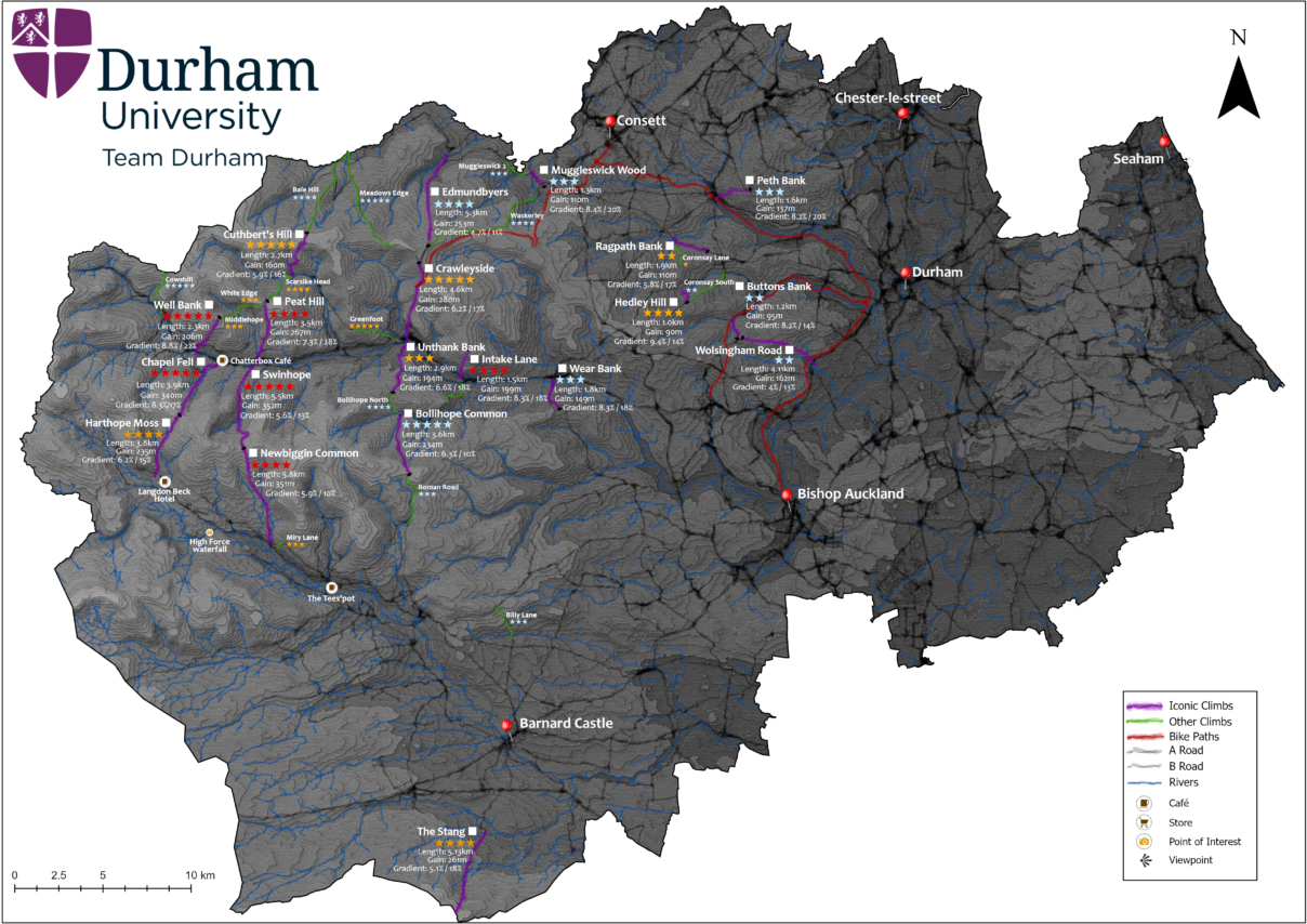 County Durham cycling climbs map